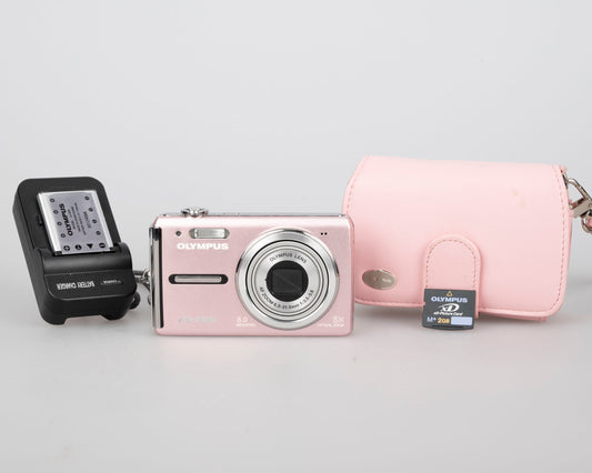 Olympus FE-330 8MP CCD sensor digicam w/ charger + battery + 2GB XD card + case + transfer cable